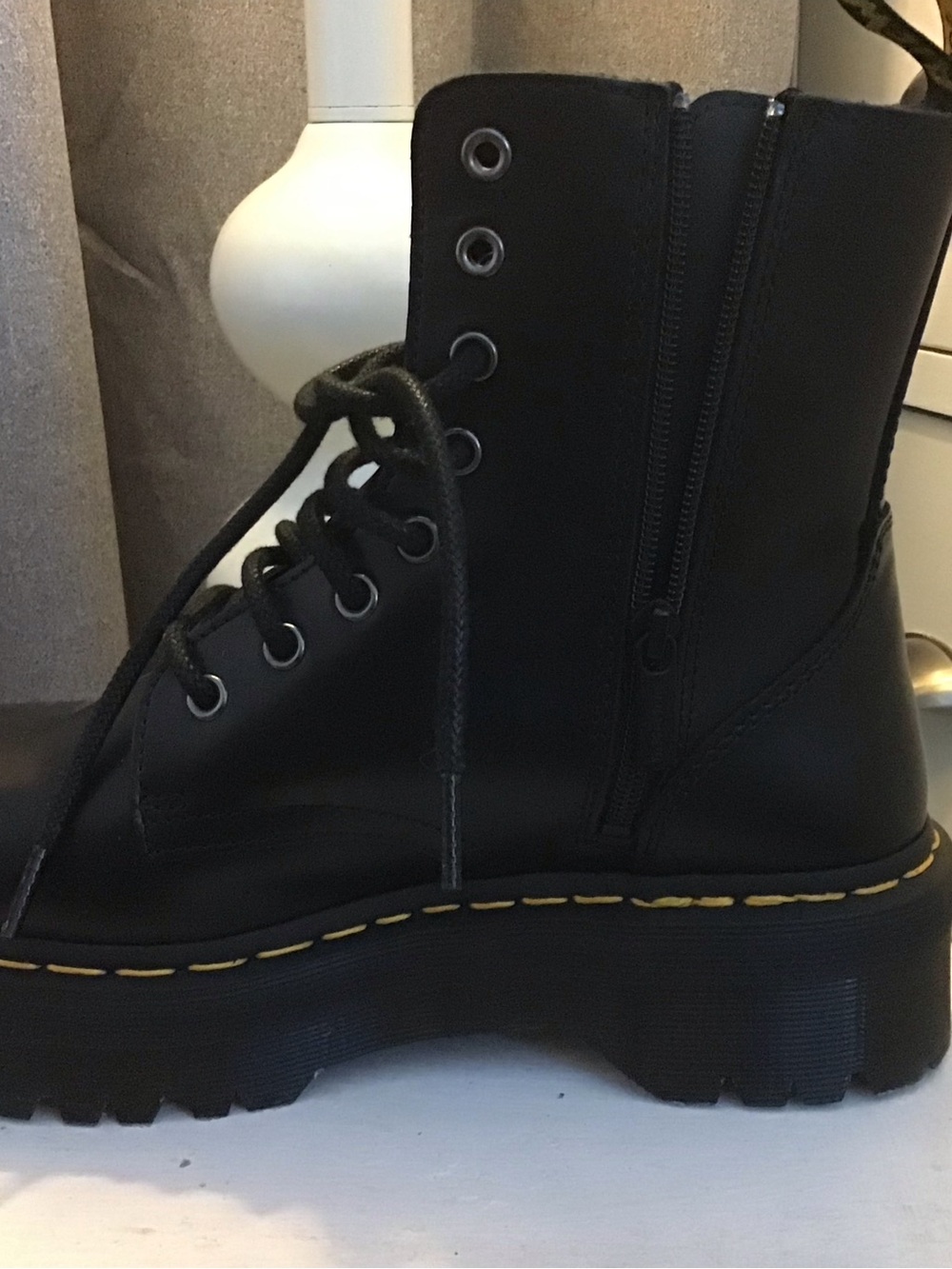 NWOT Dr. Martens Black Leather JadonPlatform Lace-Up Boots with Yellow Stitching - Picture 5 of 13